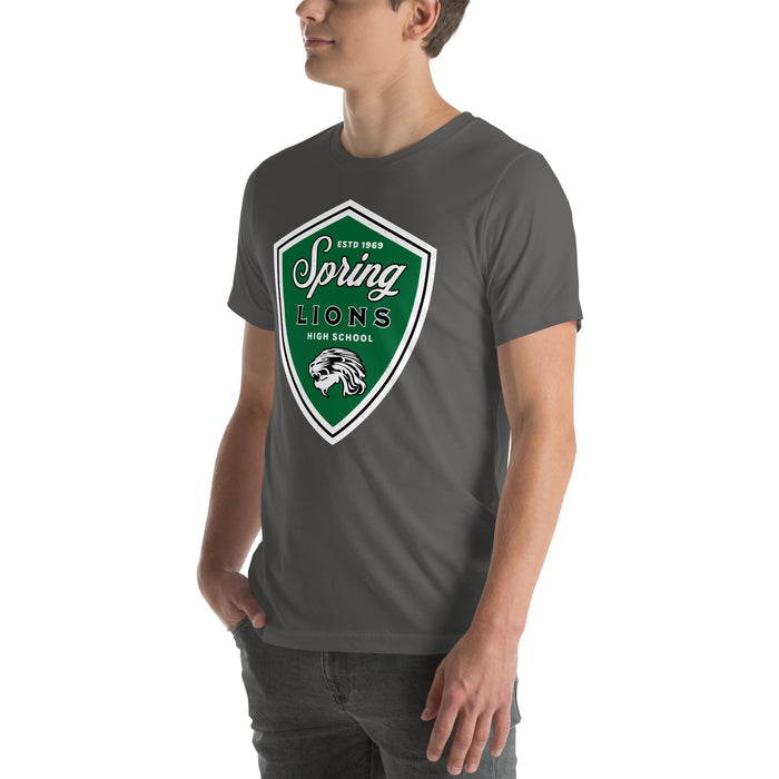 Man wearing Spring High School Lions Dark Grey Premium Unisex T-shirt 225
