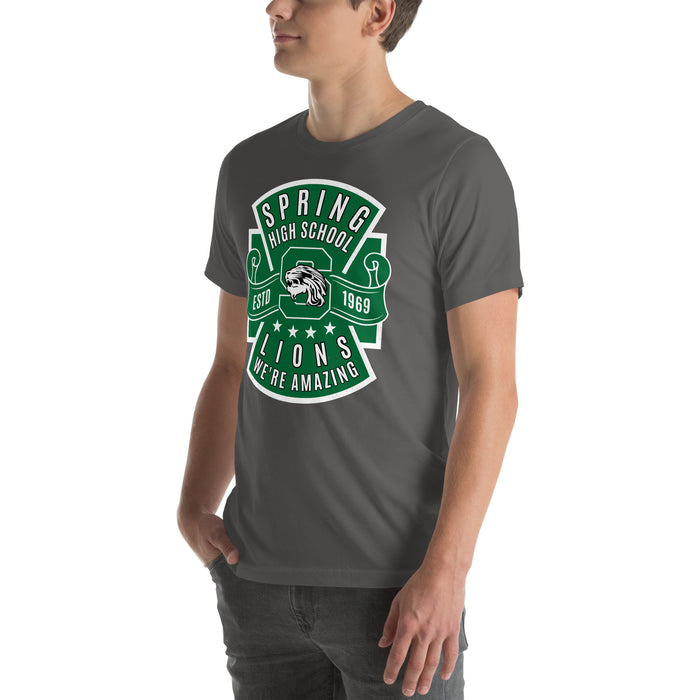 Man wearing Spring High School Lions Dark Grey Premium Unisex T-shirt 207