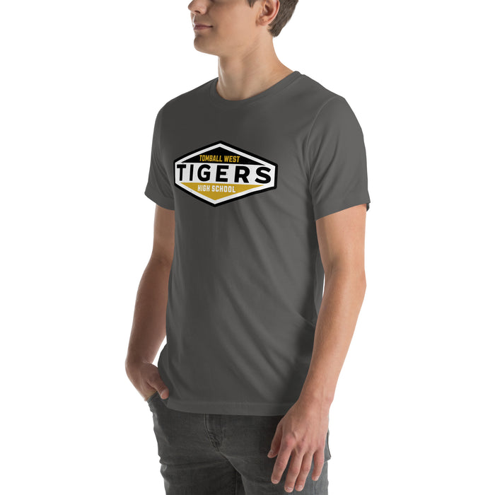 Man wearing Tomball West High School Tigers Dark Grey Premium Unisex T-shirt 009