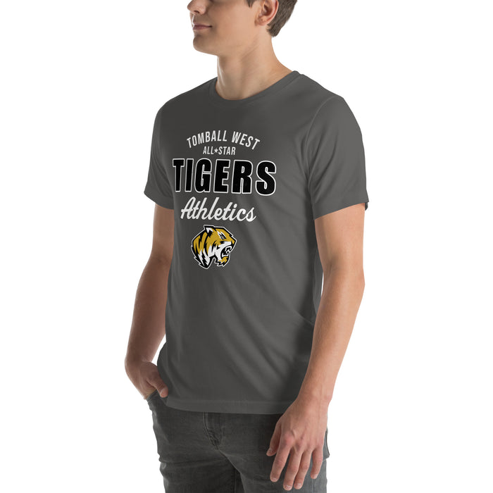 Man wearing Tomball West High School Tigers Dark Grey Premium Unisex T-shirt 034