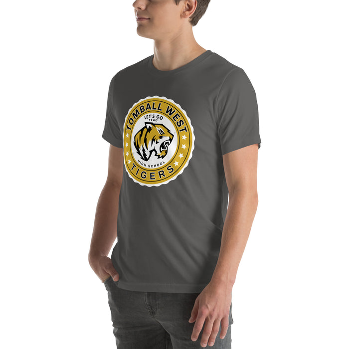 Man wearing Tomball West High School Tigers Dark Grey Premium Unisex T-shirt 216
