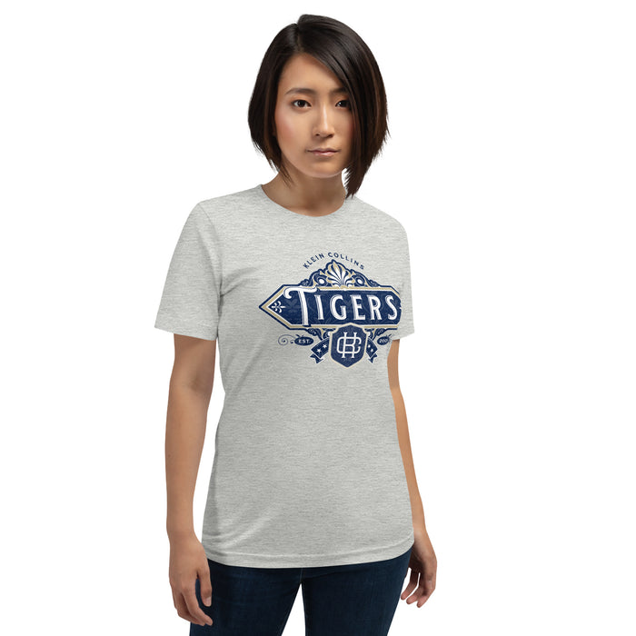 Woman wearing a Klein Collins High School Tigers Premium Athletic Heather T-shirt 214