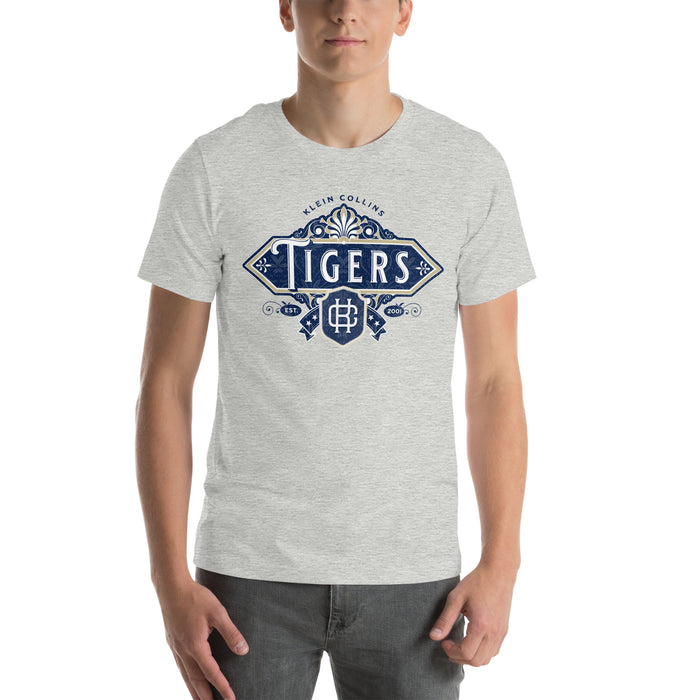 Man wearing a Klein Collins High School Tigers Premium Athletic Heather T-shirt 214