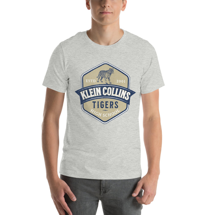 Man wearing a Klein Collins High School Tigers Premium Athletic Heather T-shirt 216