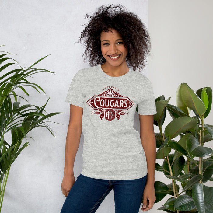 Woman wearing a Cinco Ranch High School Cougars Premium Athletic Heather Unisex T-shirt 210