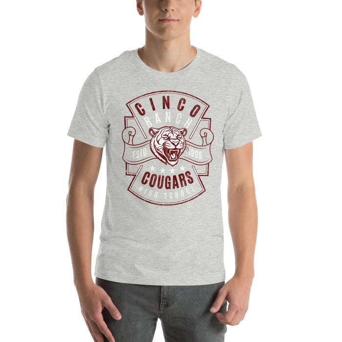 Man wearing a Cinco Ranch High School Cougars Premium Athletic Heather Unisex T-shirt 215