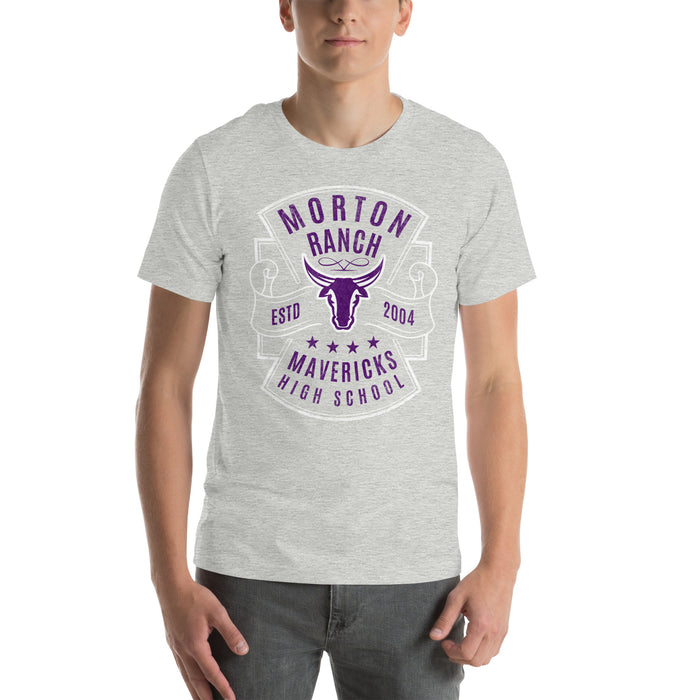 Man wearing a Morton Ranch High School Mavericks Premium Athletic Heather Unisex T-shirt 218