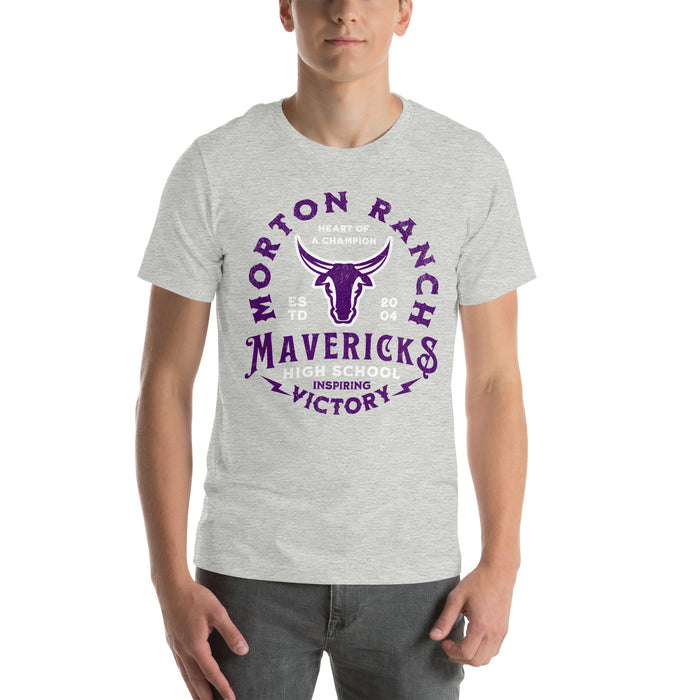 Man wearing a Morton Ranch High School Mavericks Premium Athletic Heather Unisex T-shirt 219