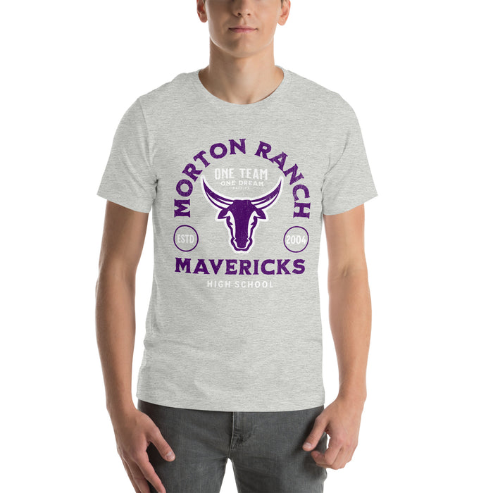 Man wearing a Morton Ranch High School Mavericks Premium Athletic Heather Unisex T-shirt 217