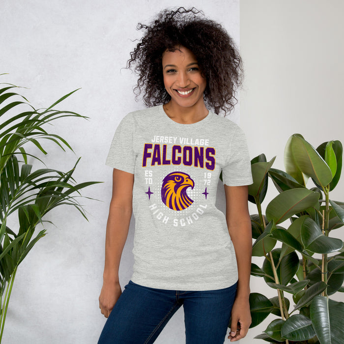 Woman wearing a Jersey Village High School Falcons Athletic Heather Premium Unisex T-shirt 203