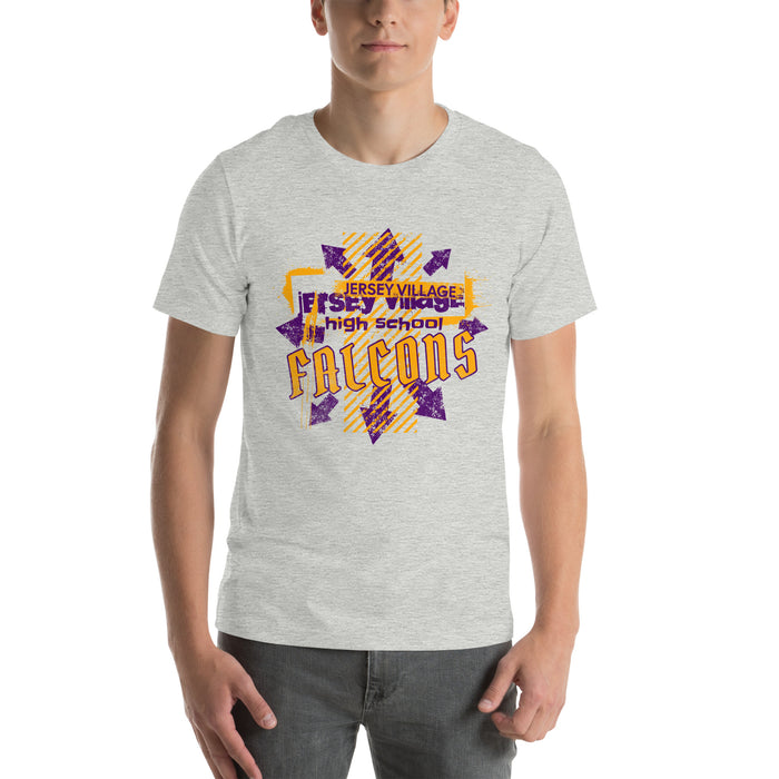 Man wearing a Jersey Village High School Falcons Athletic Heather Premium Unisex T-shirt 205