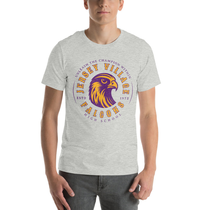 Man wearing a Jersey Village High School Falcons Athletic Heather Premium Unisex T-shirt 211