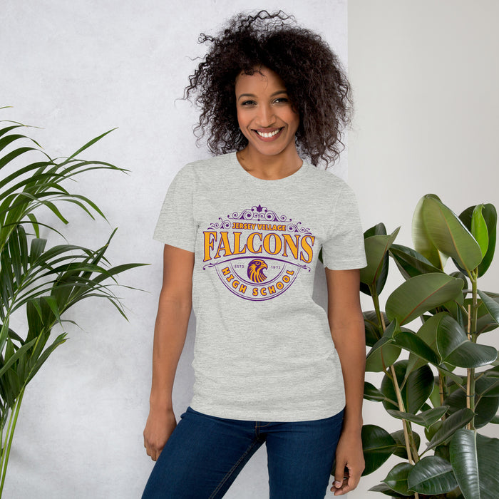 Woman wearing a Jersey Village High School Falcons Athletic Heather Premium Unisex T-shirt 214