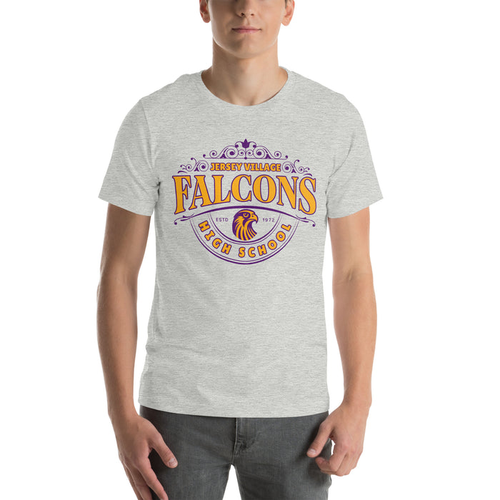 Man wearing a Jersey Village High School Falcons Athletic Heather Premium Unisex T-shirt 214