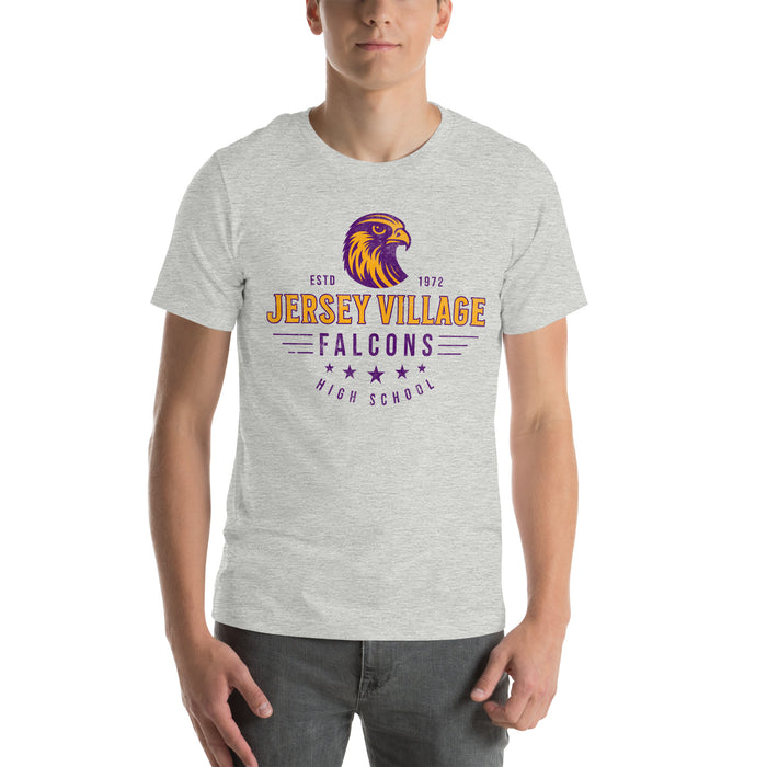 Man wearing a Jersey Village High School Falcons Athletic Heather Premium Unisex T-shirt 215