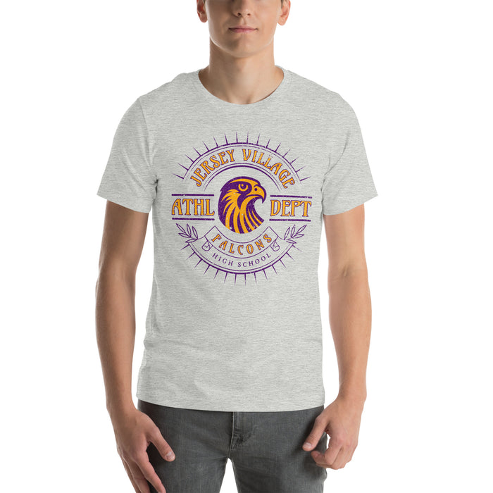 Man wearing a Jersey Village High School Falcons Athletic Heather Premium Unisex T-shirt 220