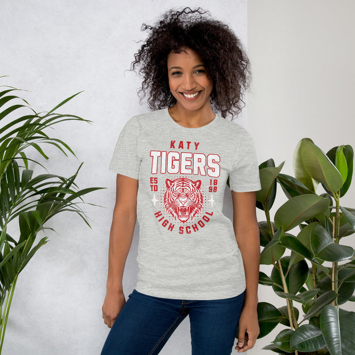 Woman wearing a Katy High School Tigers Athletic Heather Premium Unisex T-shirt 203