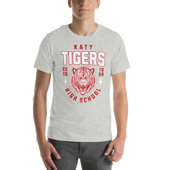 Man wearing a Katy High School Tigers Athletic Heather Premium Unisex T-shirt 203