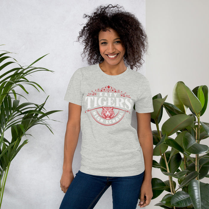 Woman wearing a Katy High School Tigers Athletic Heather Premium Unisex T-shirt 211