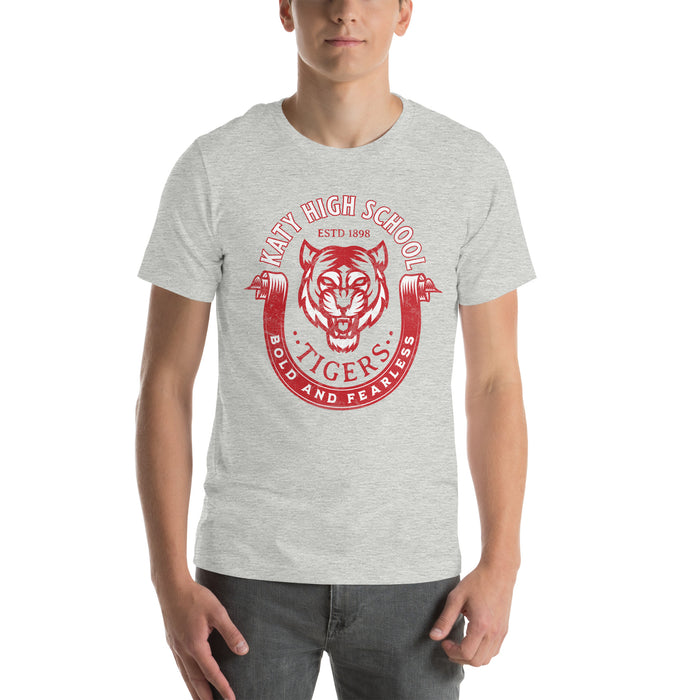 Man wearing a Katy High School Tigers Athletic Heather Premium Unisex T-shirt 213