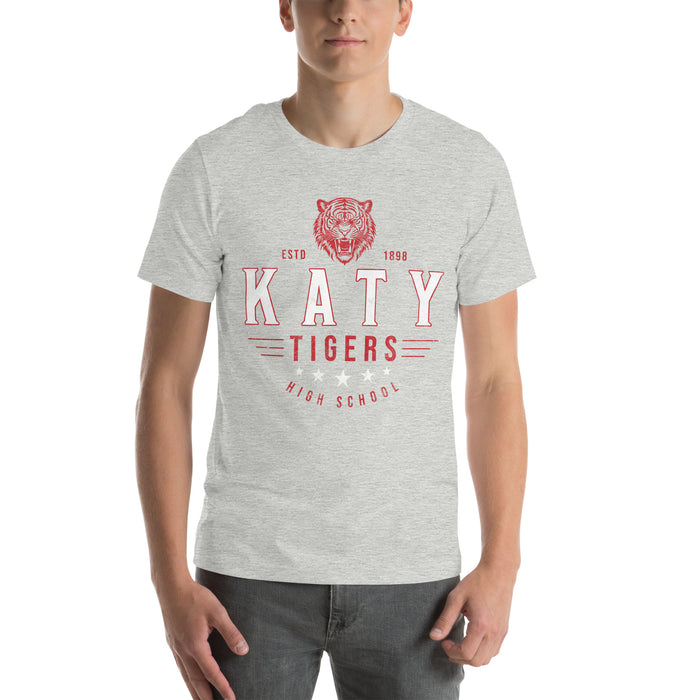 Man wearing a Katy High School Tigers Athletic Heather Premium Unisex T-shirt 218