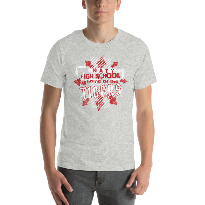 Man wearing a Katy High School Tigers Athletic Heather Premium Unisex T-shirt 220