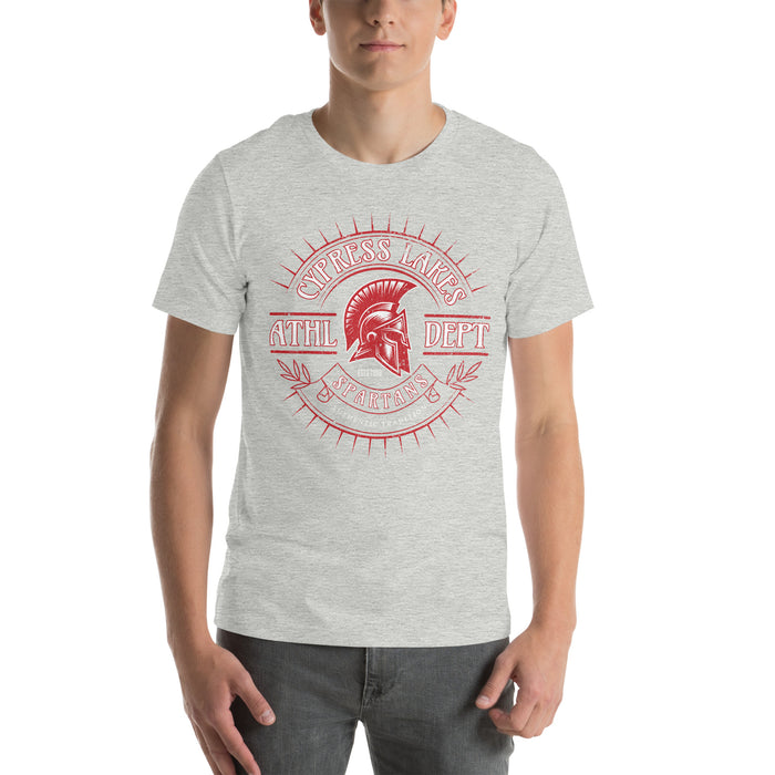 Man wearing Cypress Lakes High School Spartans Athletic Heather Premium Unisex T-shirt 201