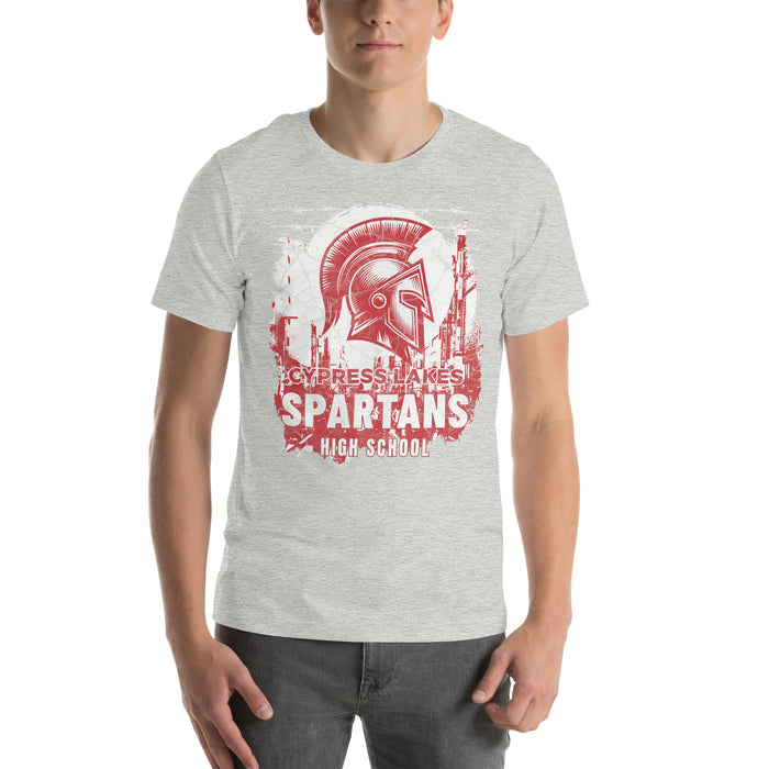 Man wearing Cypress Lakes High School Spartans Athletic Heather Premium Unisex T-shirt 202