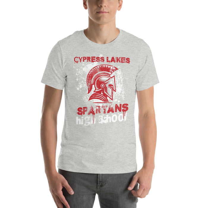 Man wearing Cypress Lakes High School Spartans Athletic Heather Premium Unisex T-shirt 205