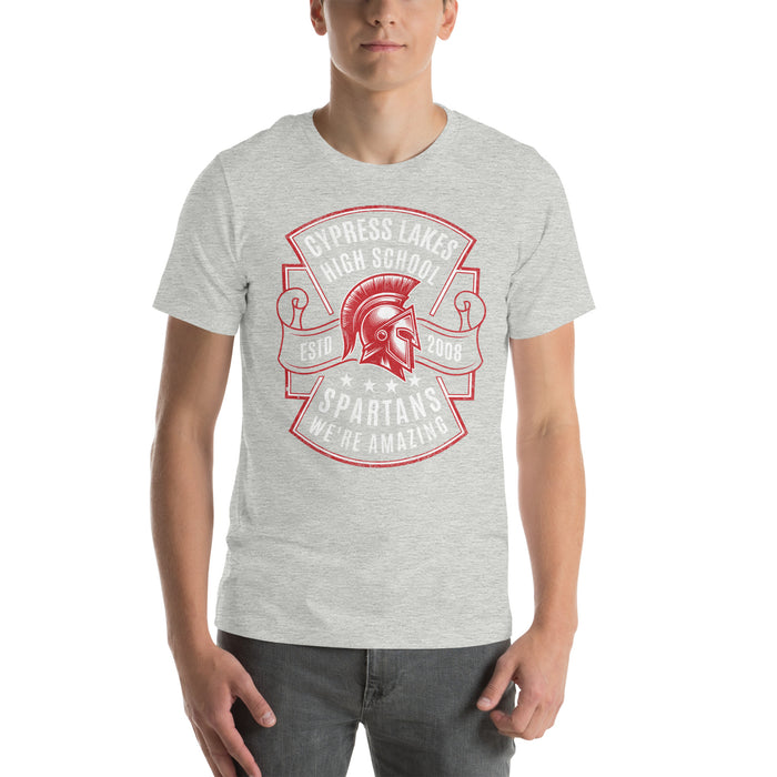 Man wearing Cypress Lakes High School Spartans Athletic Heather Premium Unisex T-shirt 207