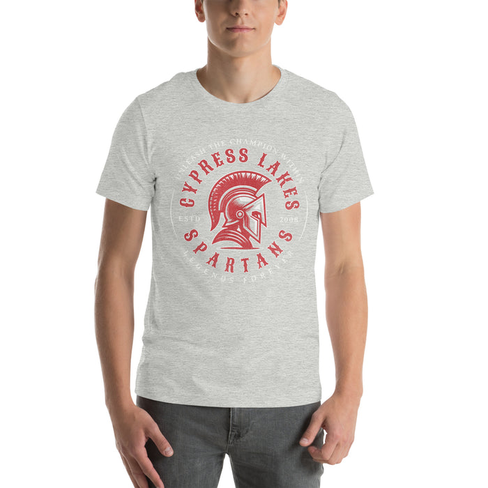 Man wearing Cypress Lakes High School Spartans Athletic Heather Premium Unisex T-shirt 214