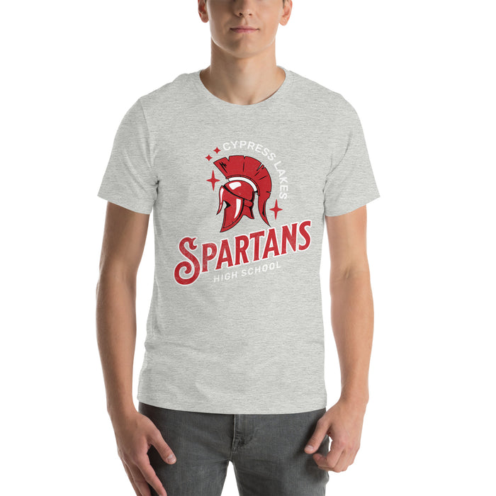 Man wearing Cypress Lakes High School Spartans Athletic Heather Premium Unisex T-shirt 221