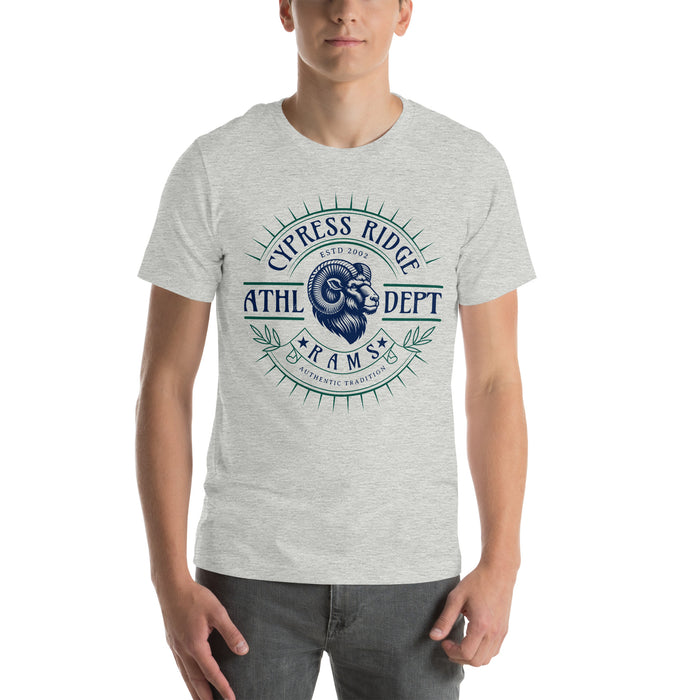 Man wearing Cypress Ridge High School Rams Athletic Heather Premium Unisex T-shirt 201