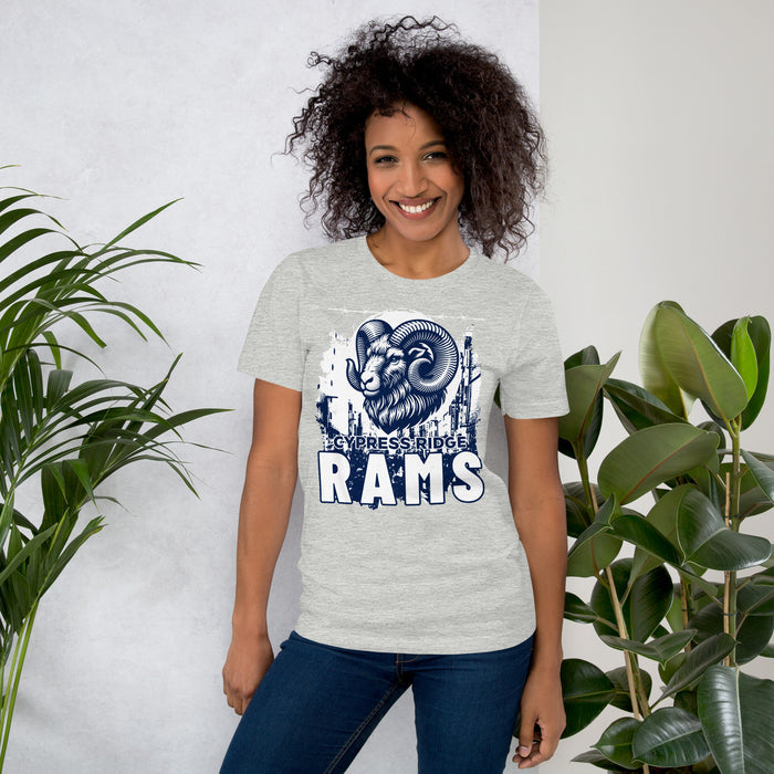 Woman wearing Cypress Ridge High School Rams Athletic Heather Premium Unisex T-shirt 202