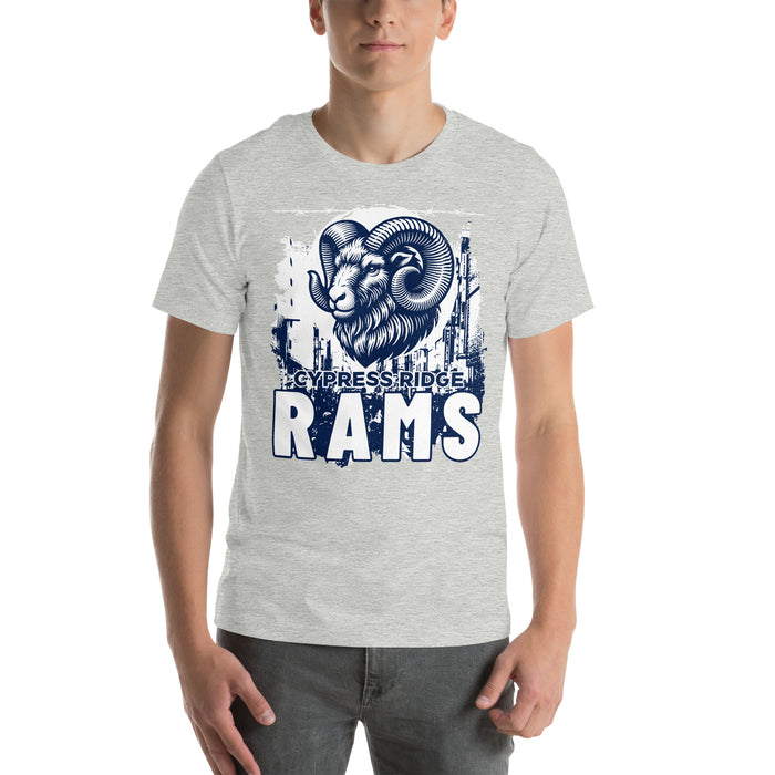 Man wearing Cypress Ridge High School Rams Athletic Heather Premium Unisex T-shirt 202