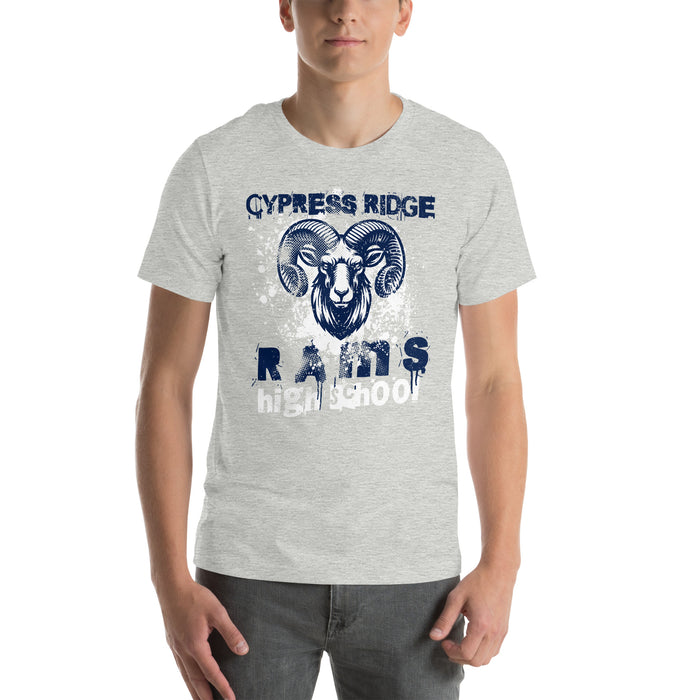 Man wearing Cypress Ridge High School Rams Athletic Heather Premium Unisex T-shirt 205