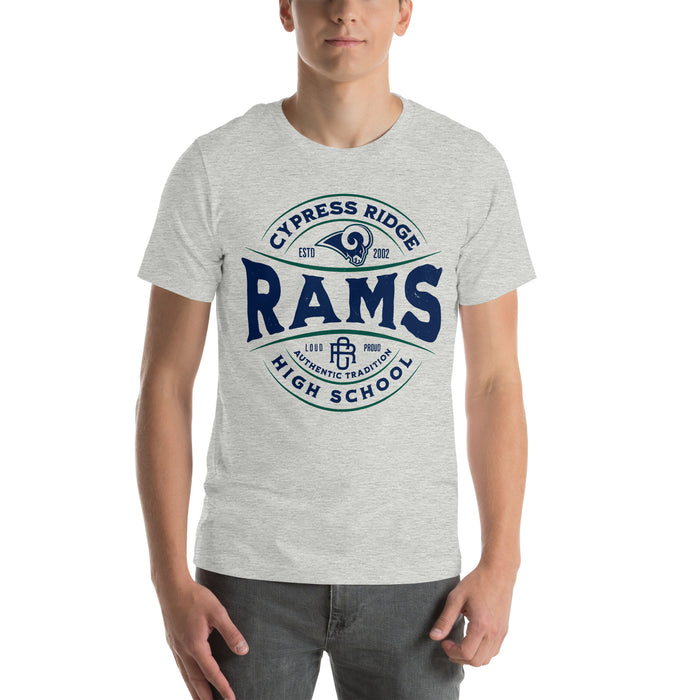 Man wearing Cypress Ridge High School Rams Athletic Heather Premium Unisex T-shirt 218