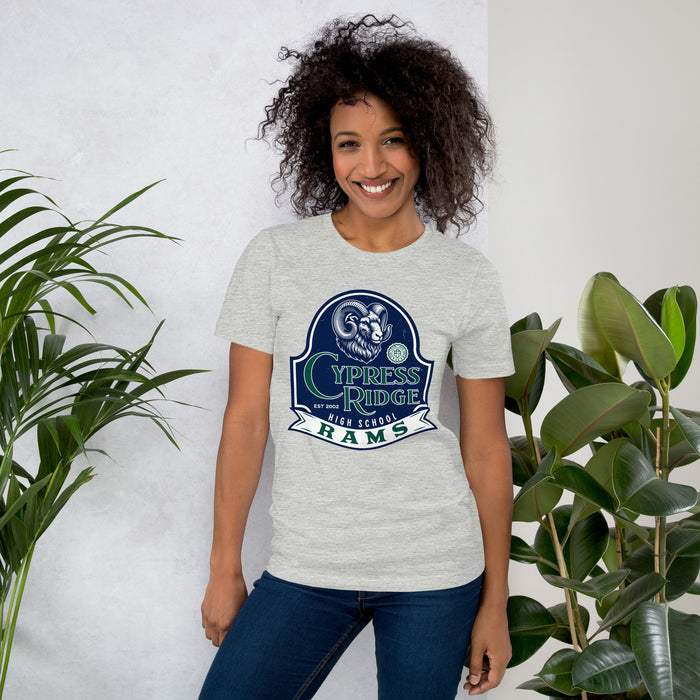 Woman wearing Cypress Ridge High School Rams Athletic Heather Premium Unisex T-shirt 219