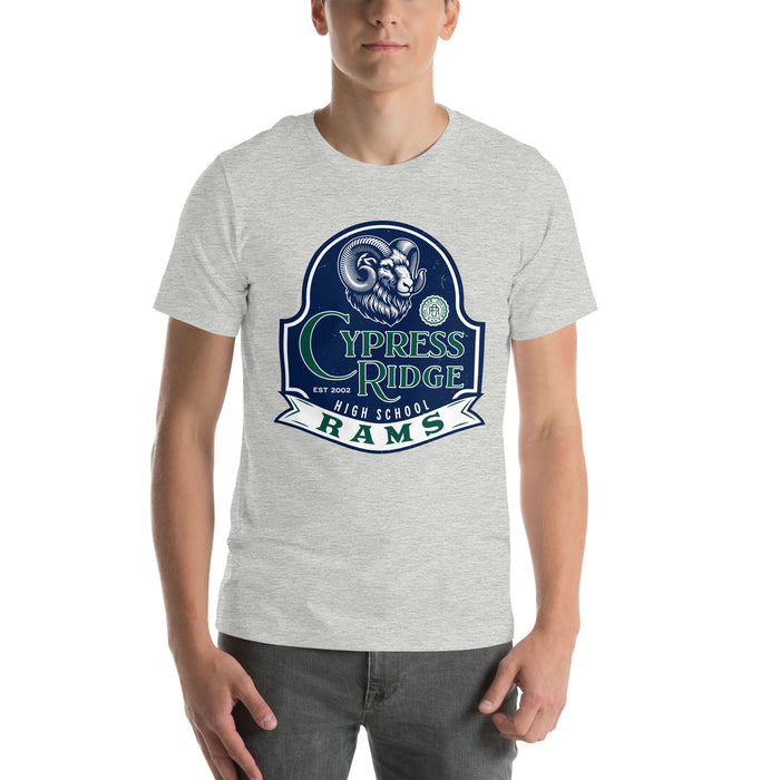 Man wearing Cypress Ridge High School Rams Athletic Heather Premium Unisex T-shirt 219