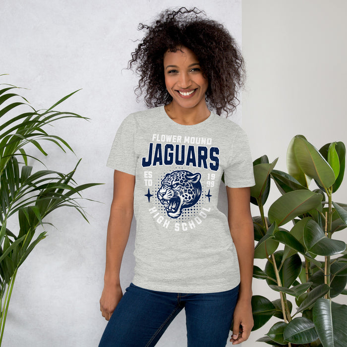 Woman wearing Flower Mound High School Jaguars Athletic Grey Premium T-shirt 204