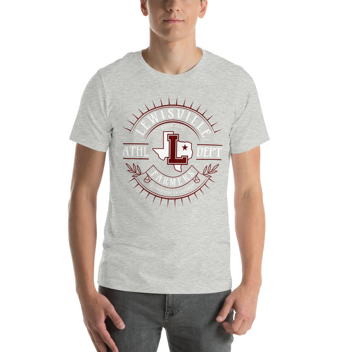 Man wearing Lewisville High School Farmers Grey Premium Unisex T-shirt 201
