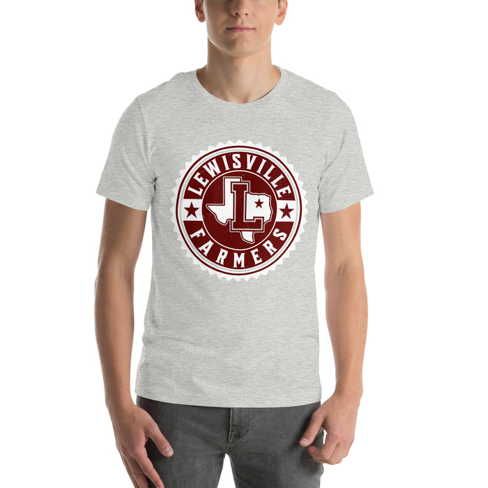 Man wearing Lewisville High School Farmers Grey Premium Unisex T-shirt 203