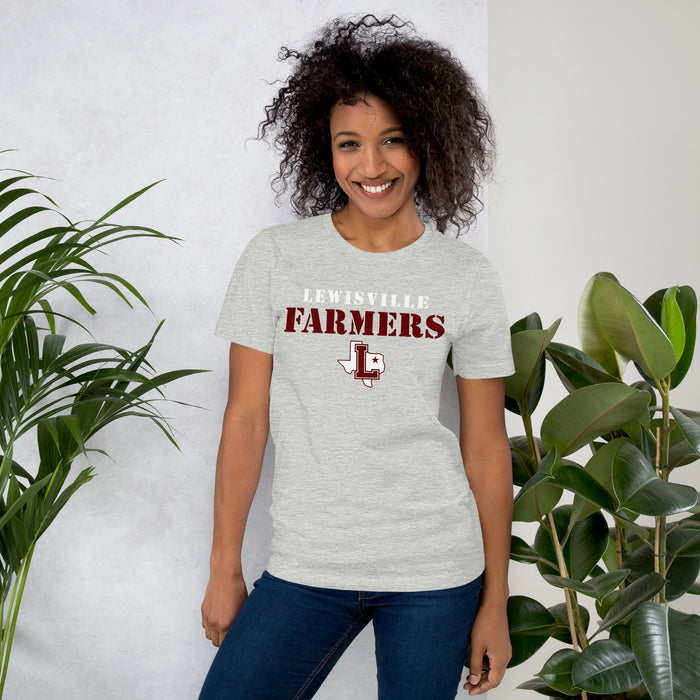 Woman wearing Lewisville High School Farmers Grey Premium Unisex T-shirt 222