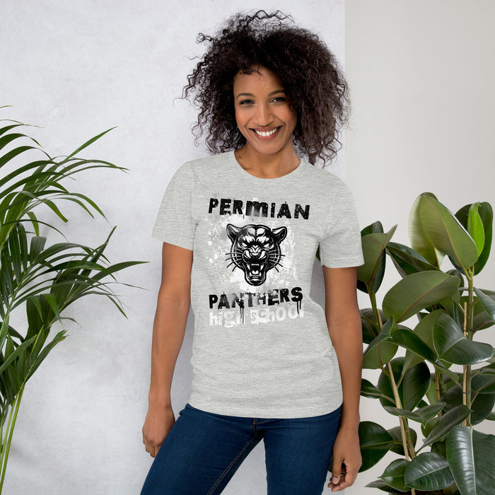 Woman wearing Permian High School Panthers Grey Premium Unisex T-shirt 202