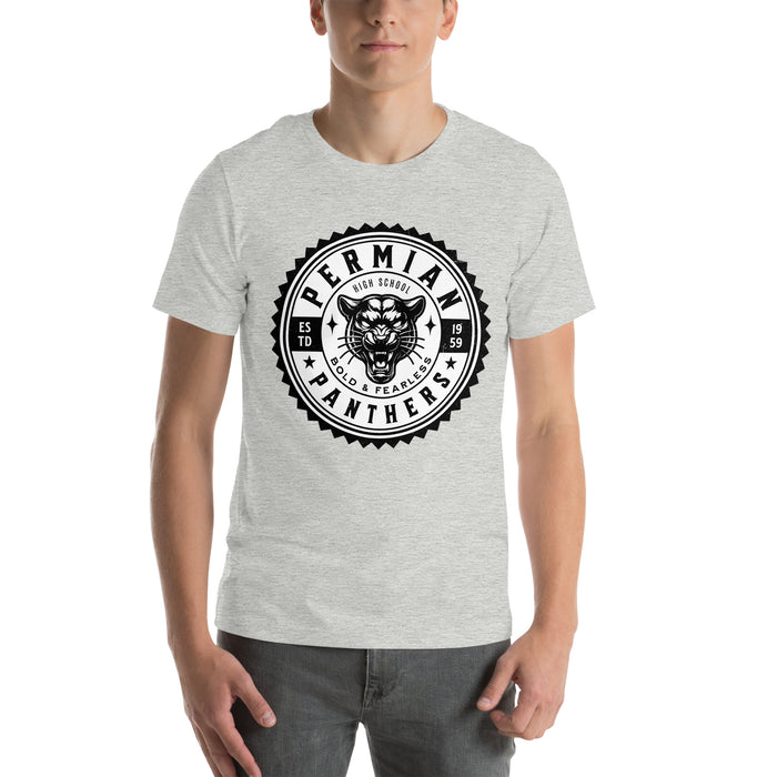 Man wearing Permian High School Panthers Grey Premium Unisex T-shirt 203