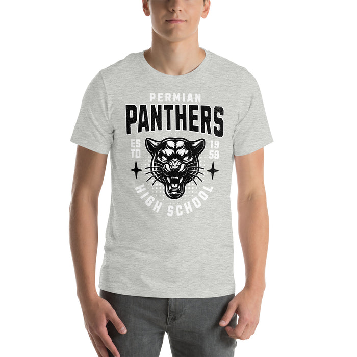 Man wearing Permian High School Panthers Grey Premium Unisex T-shirt 204