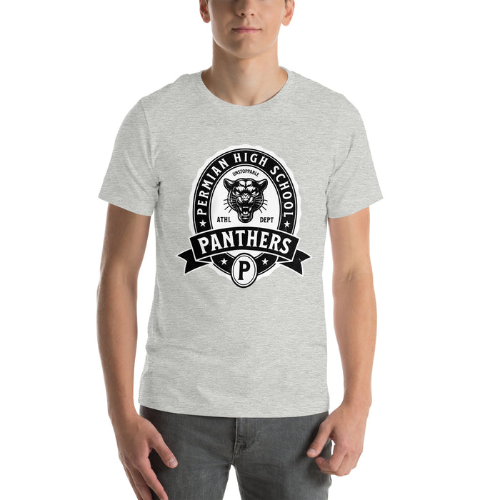 Man wearing Permian High School Panthers Grey Premium Unisex T-shirt 212