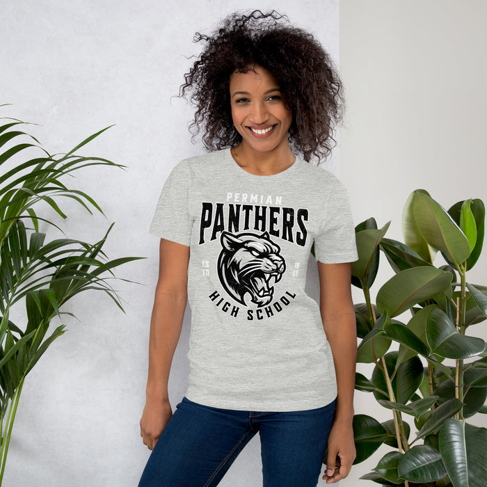 Woman wearing Permian High School Panthers Grey Premium Unisex T-shirt 213