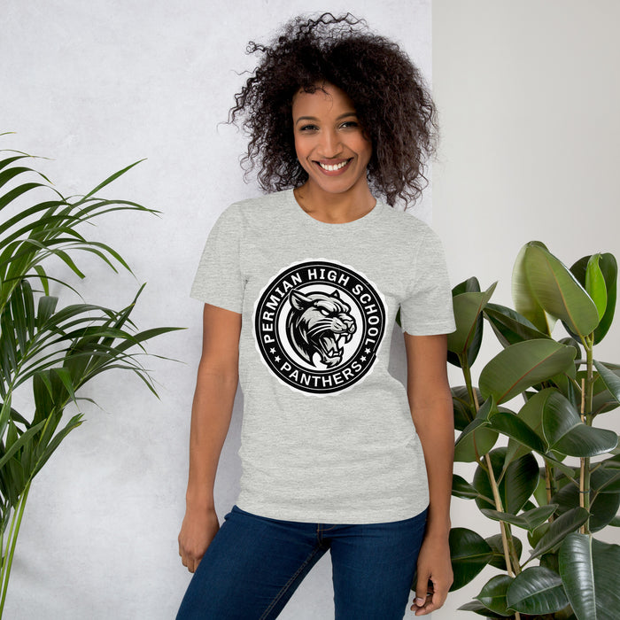 Woman wearing Permian High School Panthers Grey Premium Unisex T-shirt 216