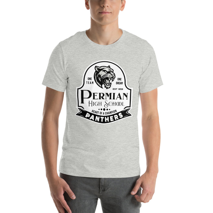 Man wearing Permian High School Panthers Grey Premium Unisex T-shirt 219